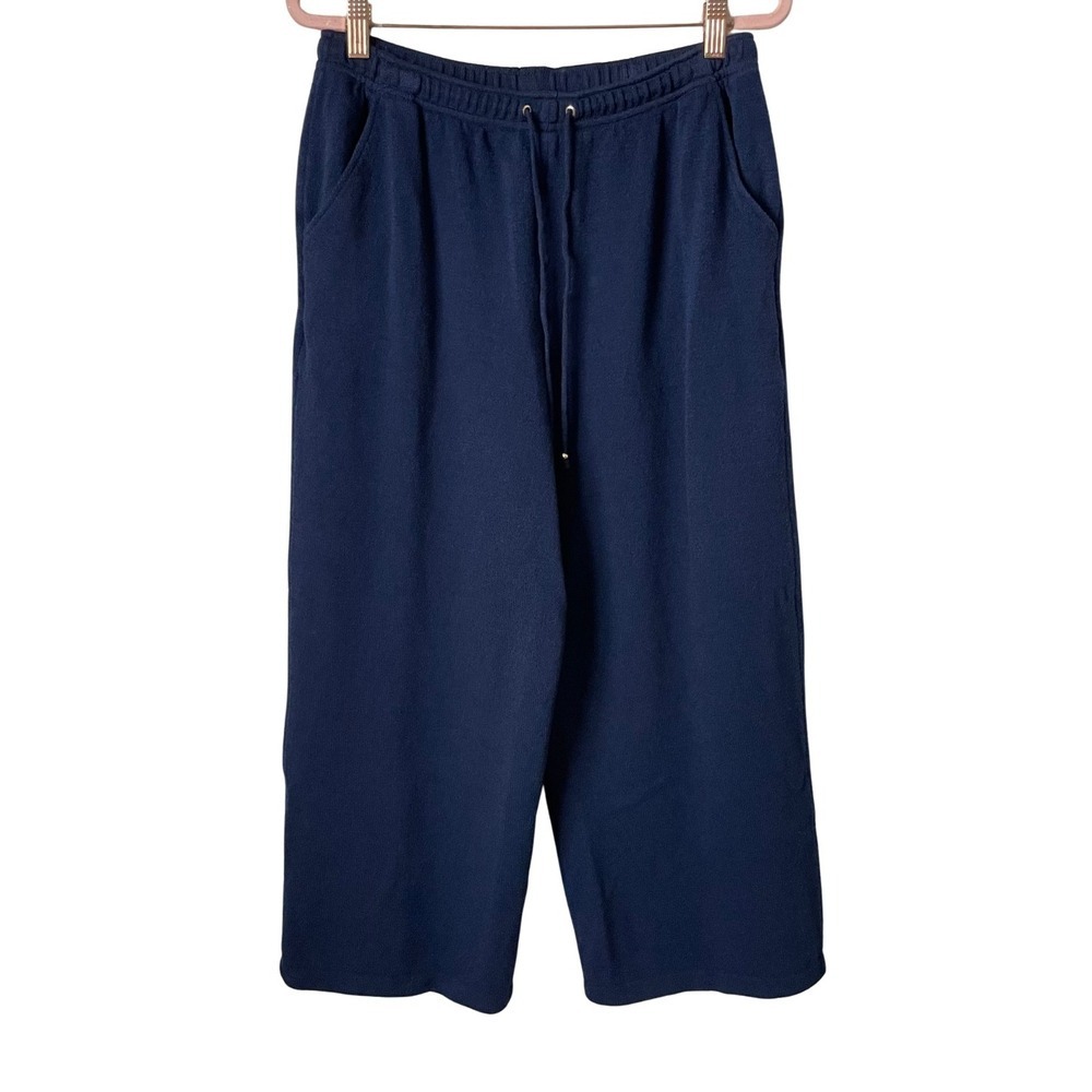 St. John Sport Pants Womens Medium Blue Santana Knit Wool Blend Wide Leg Crop